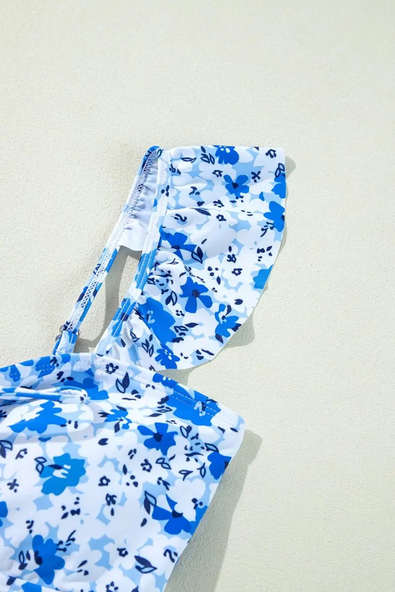 Blue Bohemian Floral Ruffled Lace-Up One-Piece Swimsuit - Love Salve